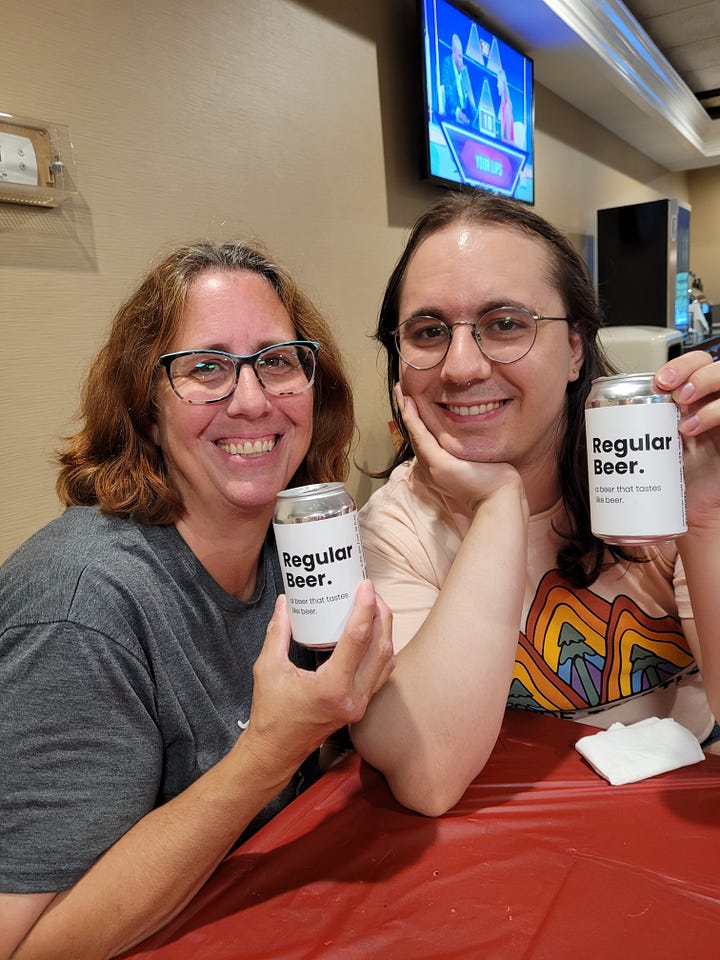 Four photos: One is Jade posing with two friends at a summer lawn concert. One is Lyndsey posing with a friend at an ice cream stand. One is of Jade and Lyndsey in a pool with two friends. The last is of Jade and their mom holding cans that say "regular beer" on them.