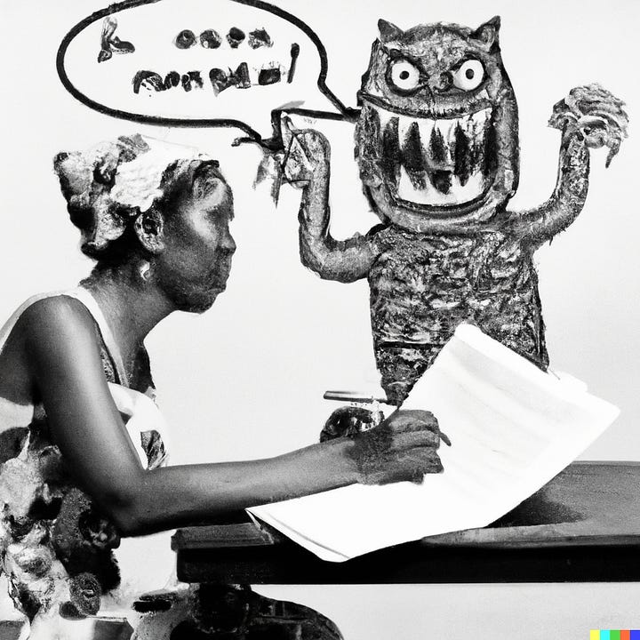 two AI-assisted images depicting women writing at a desk while a monster yells at them.