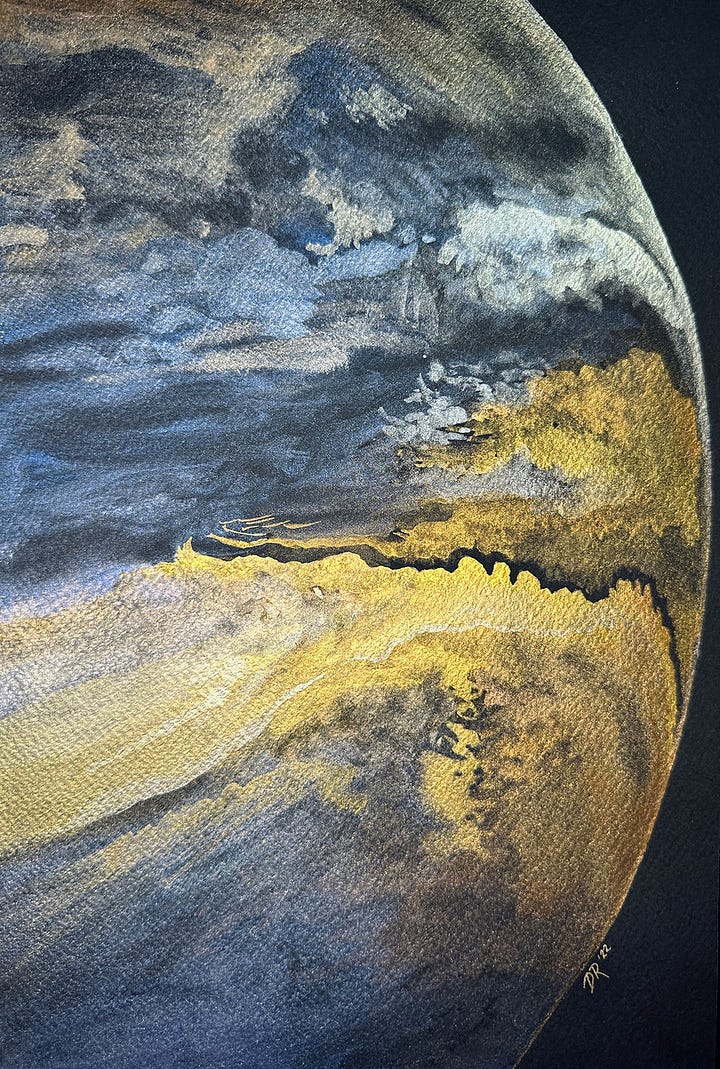 An abstract watercolor depicting the icy surface of Pluto as seen by the New Horizons spacecraft; a pearlescent watercolor painting depicting the false-color cloud structures of Venus as seen by the JAXA Atatsuki spacecraft.