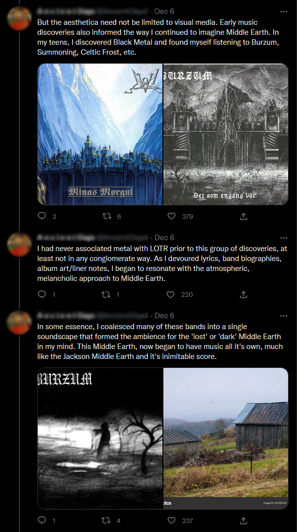 1. Screenshots of a Twitter account talking about dark metal music that inspired his love of Lord of the Rings. Two of the tweets include Burzum album covers. 2. Someone in the replies calls him out for his Burzum shout-outs and he replies with an approving gif of Burzum frontman Varg Vikernes. 3. This twitter user recommends a list of his "frens" to follow, ending with a picture of Varg. 4. A screenshot of the wiktionary entry for "fren" explaining how in 4chan culture, it evolved into a white supremacist dogwhistle.