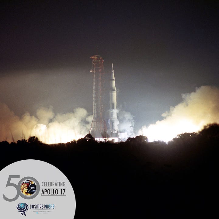 Pictured first in today’s post is the crew of Apollo 17 alongside the Lunar Roving Vehicle trainer and their Saturn V rocket. From left to right, Lunar Module pilot Harrison Schmitt (standing left), Command Module pilot Ronald Evans (standing right), and Commander Gene Cernan (seated in the LRV). The second photo shows the liftoff of Apollo 17 when the nighttime Florida sky lit up like daylight thanks to the five F-1 engines that powered the first stage of the vehicle. This Saturn V (AS-512) carried the crew of Apollo 17 and their spacecraft, the Command Module America and the Lunar Module Challenger, into orbit. Liftoff on December 7, 1972, was the beginning of the end for the Apollo lunar flights. However, Gene Cernan remembered Apollo 17 in a different way.