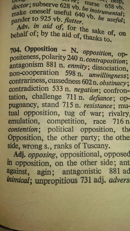 The word 'opposition' in different thesauruses