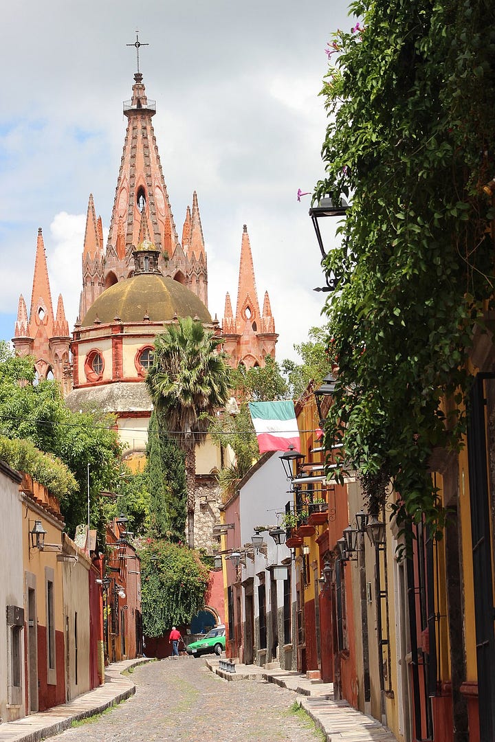 images of the large church of San Miguel de Allende and the surrounding streets