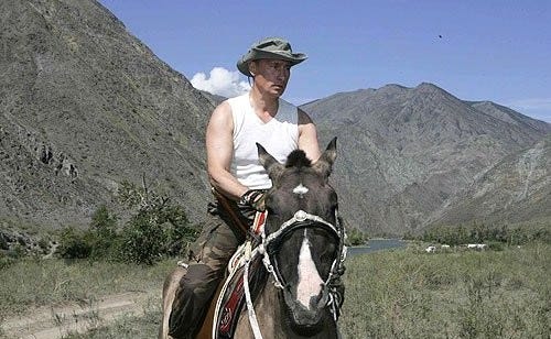 Vladimir Putin riding horses at a police academy and on a visit to a rural region of Russia
