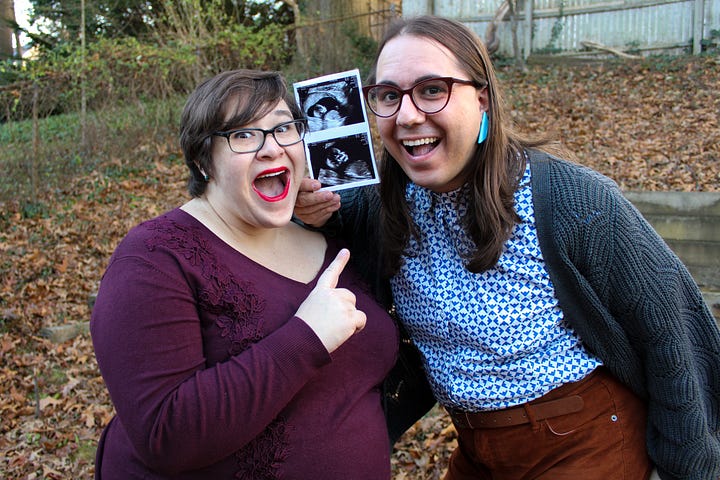 Lyndsey and Jade are holding the 18-week ultrasound of their baby-to-be. In one photo, they both are smiling with their mouths open, with excited expressions on their faces. Lyndsey is pointing at the ultrasound. In the second, they're holding the ultrasound between them and peering out from behind the ultrasound. 