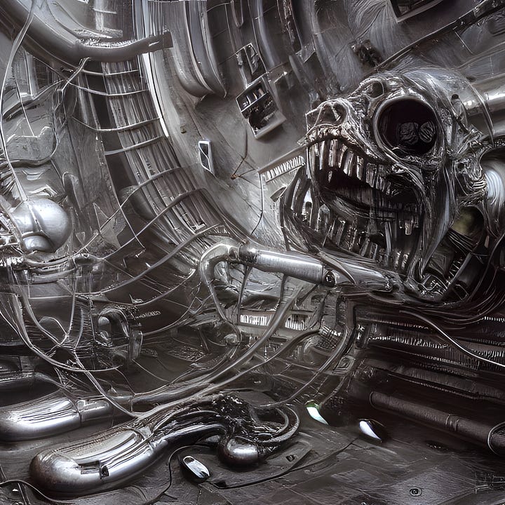 Stable Diffusion “Text to Image”-Resultat mit dem Prompt "The destruction of the internet by H.R. Giger, hyper detailed, cinema 4d, hyperrealism, fantasy art, trending on art station, digital painting"