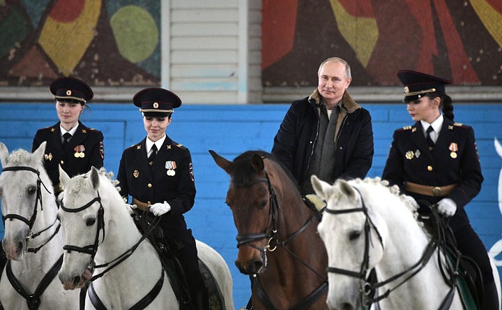 Vladimir Putin riding horses at a police academy and on a visit to a rural region of Russia