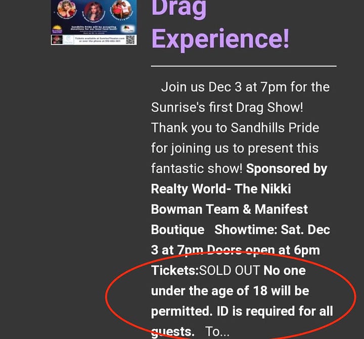 Both images are merely the fliers with information about the drag show and confirming children were not permitted to attend the event