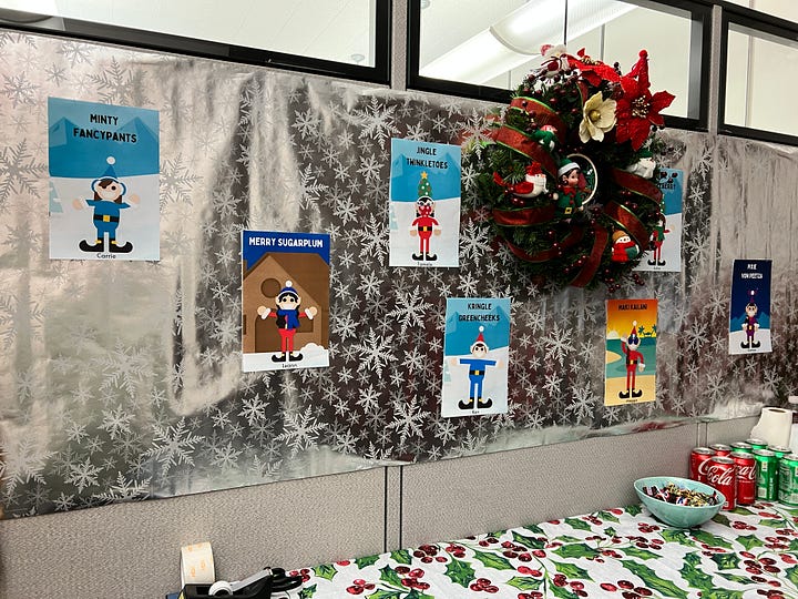 Images of holiday decor in an office