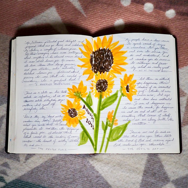Pages from my reading journal with sketches and quotations.
