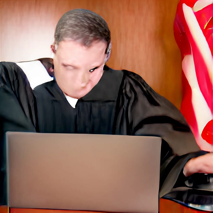 Five AI-generated images of white men in judge's robes. Their faces and hands are blurry and distorted, and they're sitting in front of laptops.