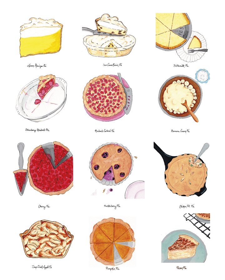 Images of the 2023 pie calendar including illustrations of chicken pot pie, strawberry rhubarb pie, and cherry pie.