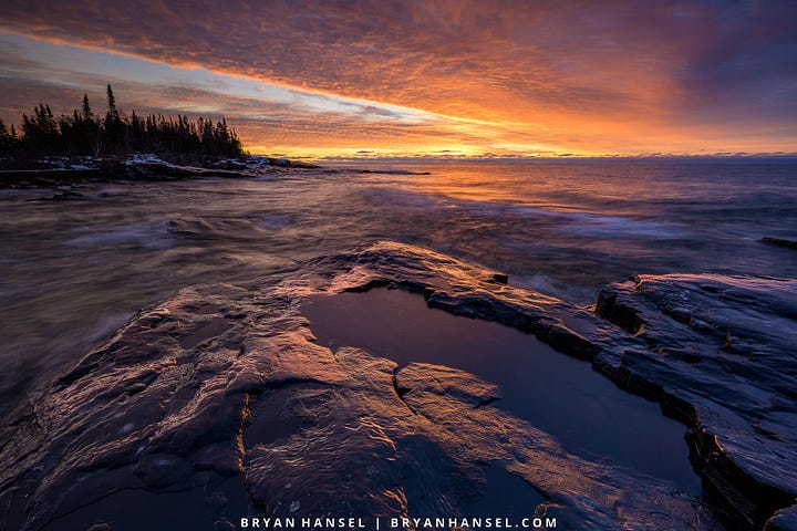 Photos showing Lake Superior scenes at sunrise.