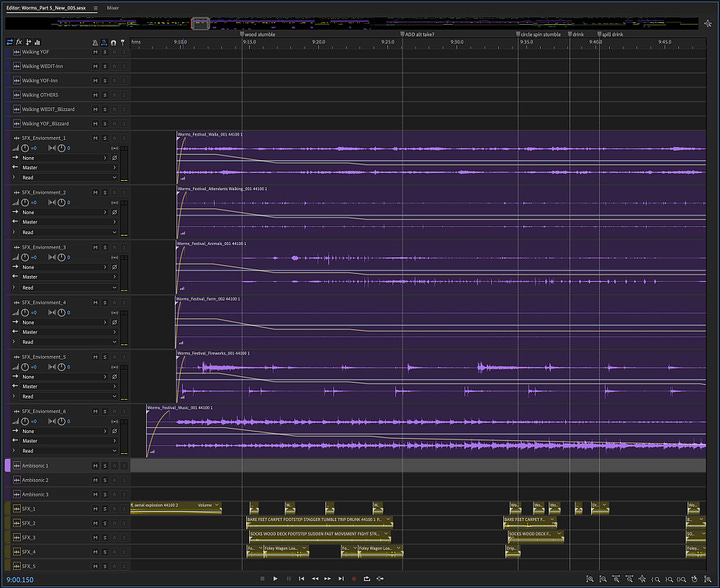 On the left: festival premix, On the right: exported files in Part Five's timeline