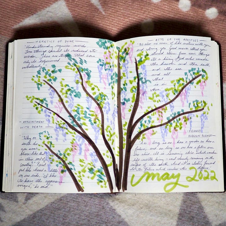 Pages from my reading journal with sketches and quotations.