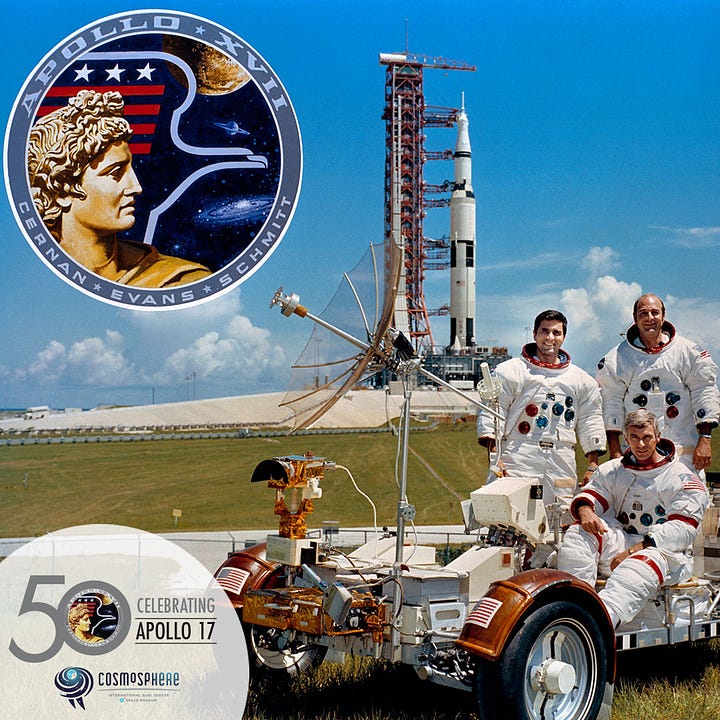 Pictured first in today’s post is the crew of Apollo 17 alongside the Lunar Roving Vehicle trainer and their Saturn V rocket. From left to right, Lunar Module pilot Harrison Schmitt (standing left), Command Module pilot Ronald Evans (standing right), and Commander Gene Cernan (seated in the LRV). The second photo shows the liftoff of Apollo 17 when the nighttime Florida sky lit up like daylight thanks to the five F-1 engines that powered the first stage of the vehicle. This Saturn V (AS-512) carried the crew of Apollo 17 and their spacecraft, the Command Module America and the Lunar Module Challenger, into orbit. Liftoff on December 7, 1972, was the beginning of the end for the Apollo lunar flights. However, Gene Cernan remembered Apollo 17 in a different way.