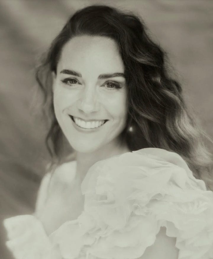 Kate Middleton on the left, smiling in a sepia-toned photographic portrait. Fashion portrait on the right, featuring a model in profile, posed against a black background.