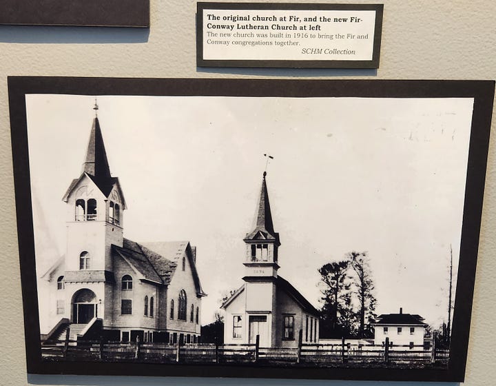 image on left with two churches; image on right a collection of old school buildings