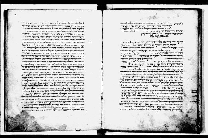Clockwise from top left: A Chumash with Targum, Rashi, and Ibn Ezra added in the margin (BL Ms. Harley 5772); an astrological treatise (UPenn Ms. LJS 57); Sefer ha-She'elot with marginal annotations (BSB Cod. hebr. 304); Reshit Chochma (BNF Ms. hebr. 1055).