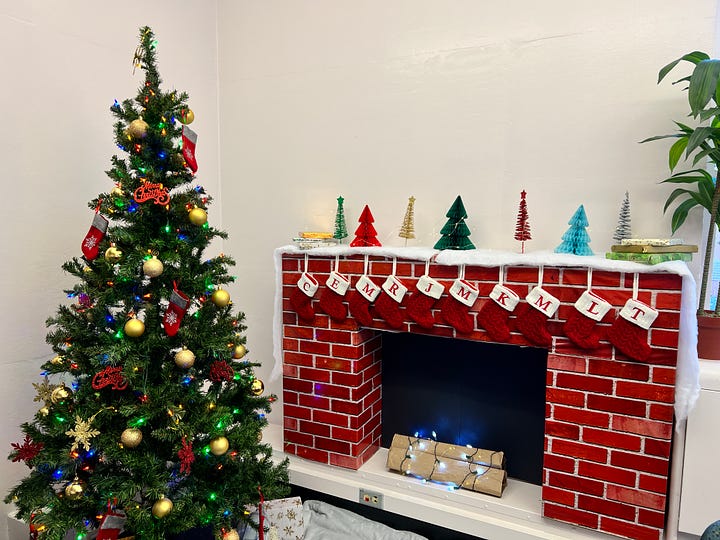Images of holiday decor in an office