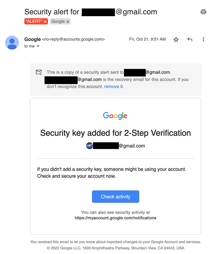 Examples of email notifications about logins from new devices, changes to MFA, etc.
