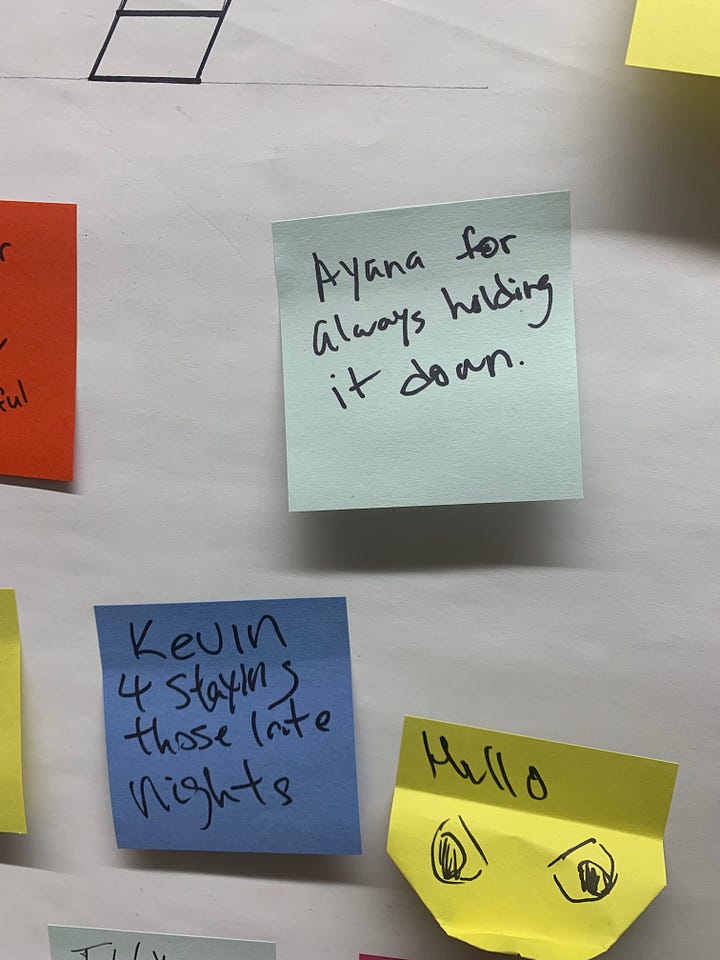A series of 4 colorful post-it notes from students left in 2019