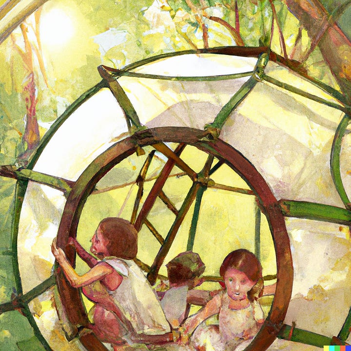 Children learning together in forest treehouses