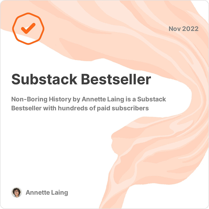 Annette Laing photo and  Badge recognizing Non-Boring History as a bestseller