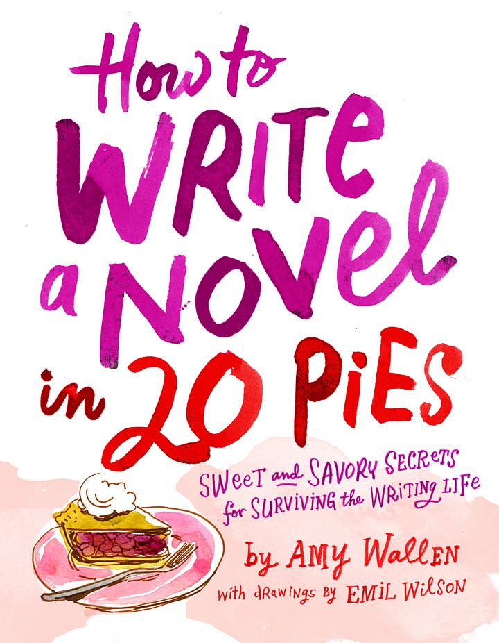 Amy stands sideways with her face turned toward the camera. She has blonde hair and wears a red shirt. She's smiling. The book cover features an illustration of a slice of pie with whipped cream; right, cover of How to Write a Novel in 20 Pies