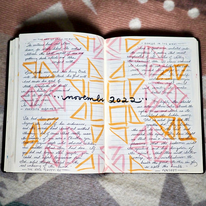 Pages from my reading journal filled with sketches and quotations.