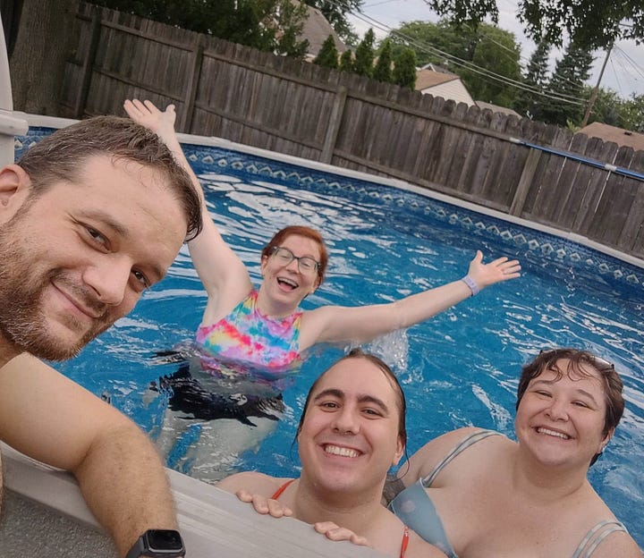 Four photos: One is Jade posing with two friends at a summer lawn concert. One is Lyndsey posing with a friend at an ice cream stand. One is of Jade and Lyndsey in a pool with two friends. The last is of Jade and their mom holding cans that say "regular beer" on them.