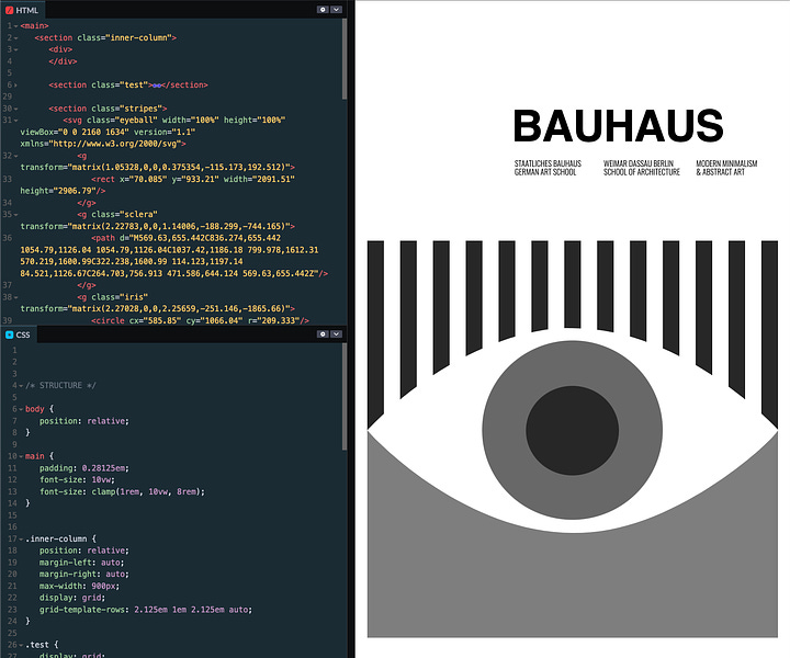 images of a bauhaus poster with lines and squares defining the measurements between objects and a screenshot of the final result in codepen