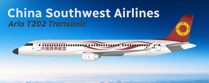 China Southwest Aria T202 Transonic in current livery, shown in side view while in midflight (L) and while parked on a tarmac (R).