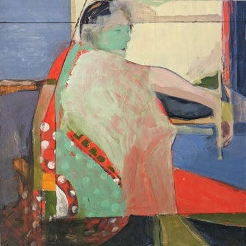 Photos of two paintings, both feature women seated, and in thought. The one of the left, "Rebecca," is seated next to a window. The one on the right, "New Roommate," also shows a seated woman against an abstract background. 