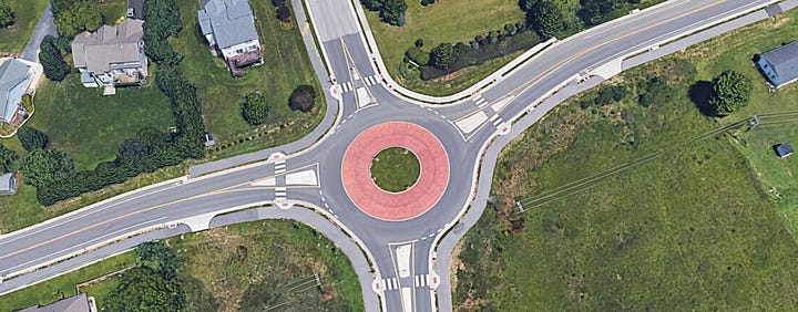 Left: aerial view of a traditional roundabout. Right: a modular roundabout like the one being constructed in Stafford at Banks Ford and Celebrate Virginia parkways. Photos courtesy VDOT.