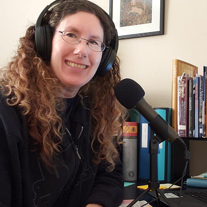 Photo of Steph wearing headphones, photo of story recording.