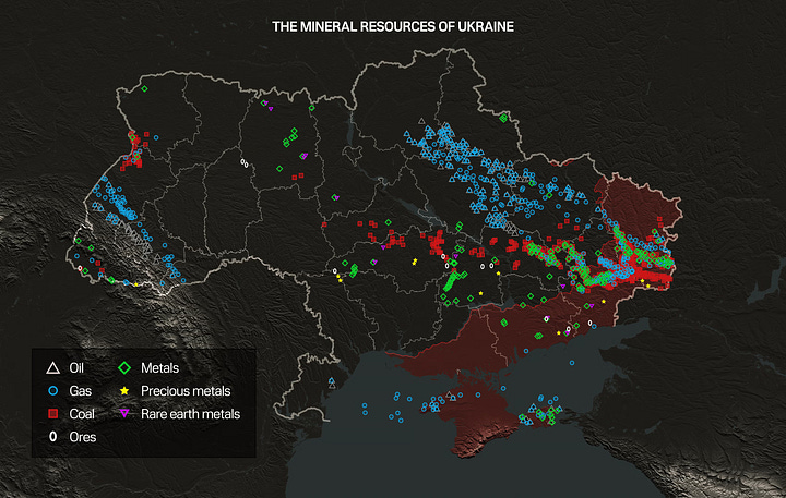 These maps show the distribution of valuable mineral resources in Ukraine, particularly in regions that are contested or under Russian control, which could influence territorial negotiation.
