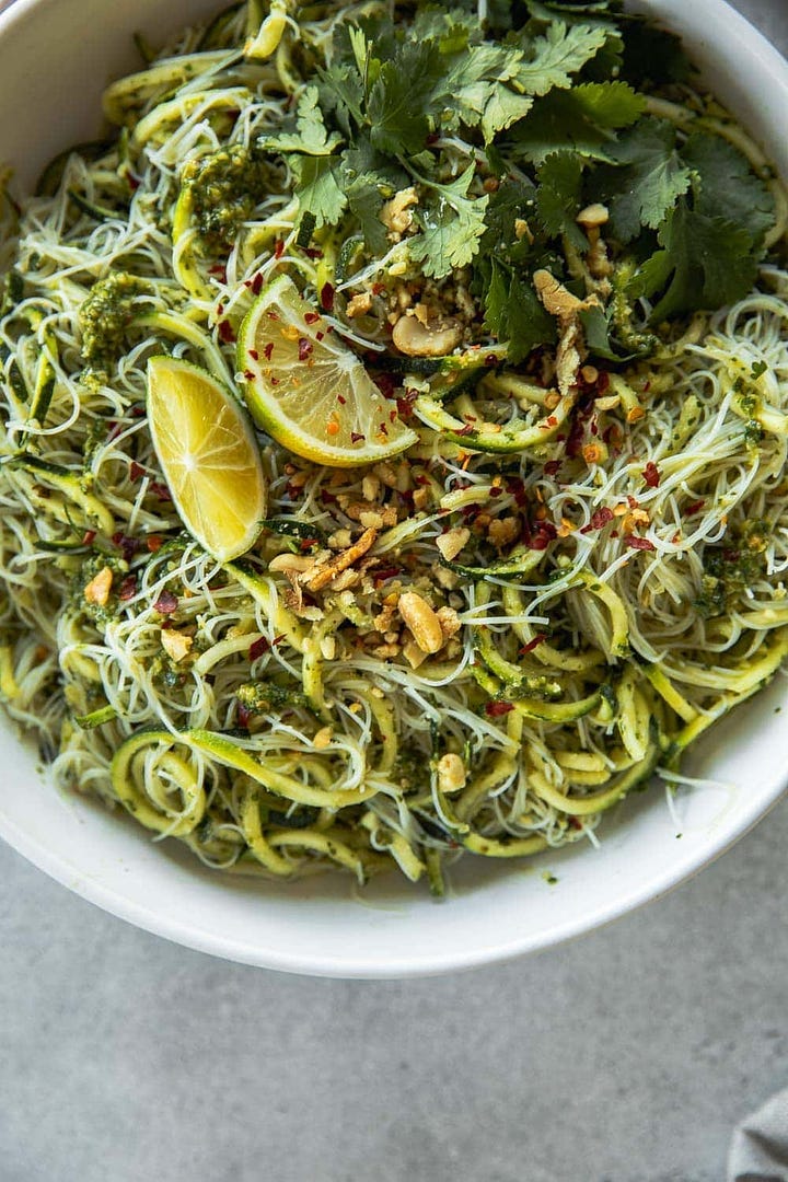 Green Zucchini Rice Noodles With Thai Pesto & Thai Chicken Noodle Salad
