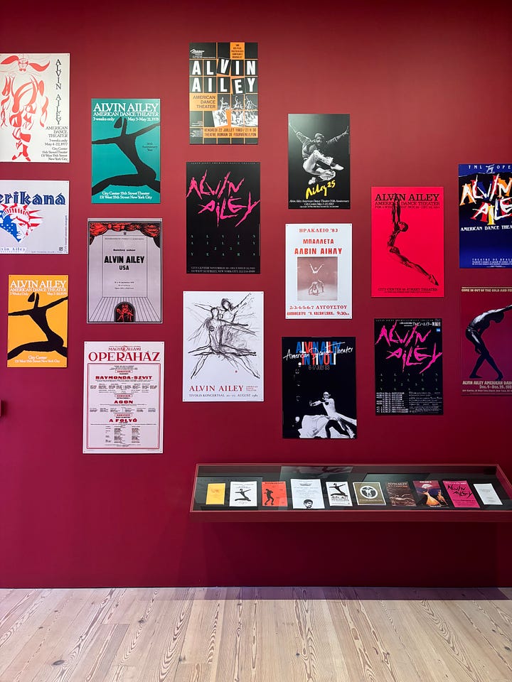 Left: Colorful vintage posters advertising the Alvin Ailey American Dance Theater on a deep red gallery wall of the Whitney Museum. Right: Photos of Joffrey Ballet dancers, some color and some black-and-white, against a bright orange backdrop. In the largest photo, dancers are gathered around and on top of an old station wagon on a sunny day.