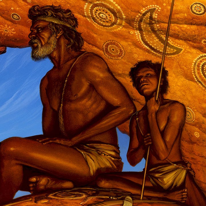 LEFT: Background detail from SKYCHILD’S FALL featuring pictographs on the orange rock above the main figure consisting of decorative shapes and narrative elements. The most prominent image features a figure falls with arms and legs flailing. RIGHT: Figure detail from SKYCHILD’S FALL featuring a bearded aboriginal man of middle years sitting with legs crossed. The orange rock behind him is covered with pictographs. He holds a boomerang. Beside him sits a boy with eyes cast dreamily upward as he grips a spear with the butt resting against the stone. Both are bare chested, wearing only loincloths.