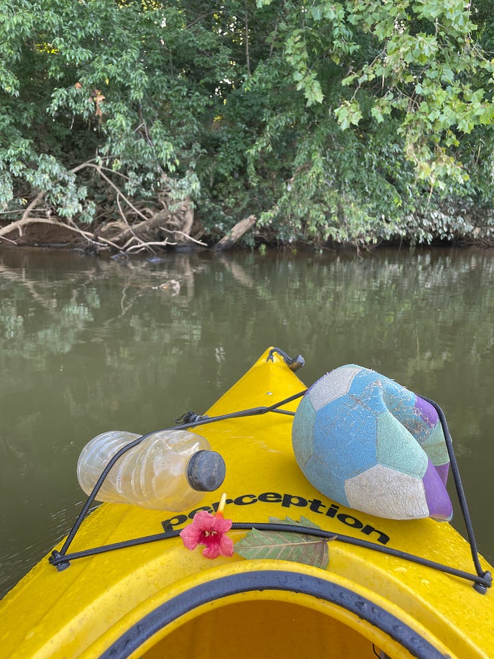 black and blue swallowtail butterfly on pink Joe Pye weed, muddy water bottle and flat soccer ball stashed under straps of yellow kayak, box of fresh veggies, and rain barrel on cinder blocks with orange bucket underneath spout
