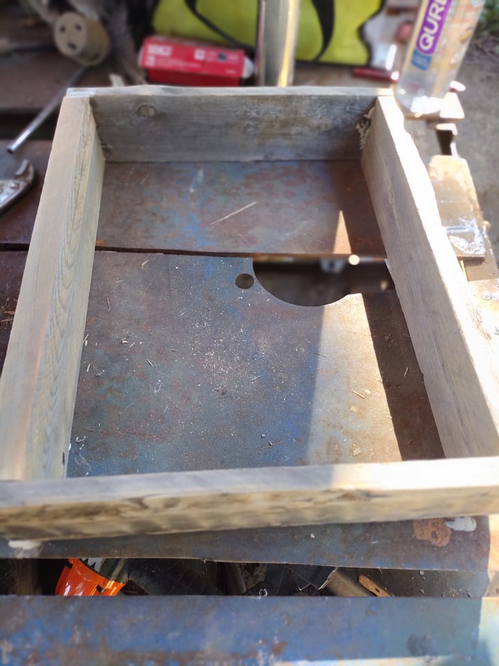 A picture of the drawer frame on the left, and the finished drawer box on the right.