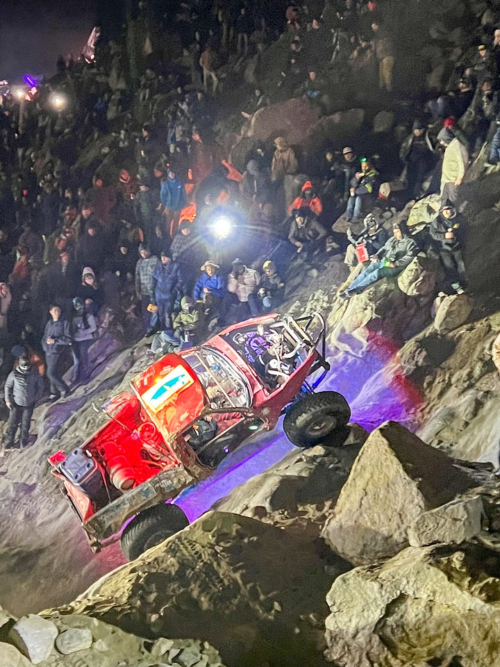 Off-roading takes over the Chocolate Thunder pass at night during King of the Hammers festivities in Johnson Valley, California.