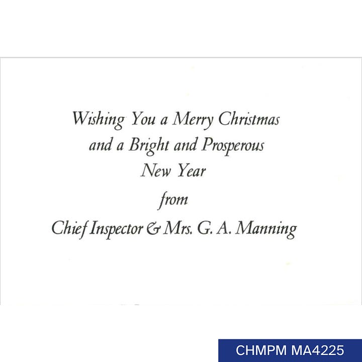 A card with the the county crest and Billericay written on the front. Inside reads wishing you a merry christmas and a bright and prosperous new year from Chief Inspector and Mrs G.A. Manning.