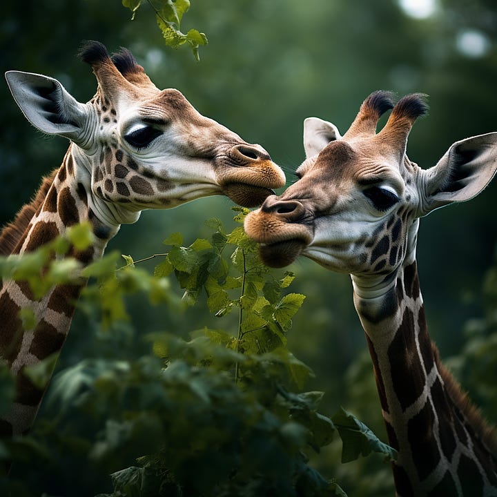 Giraffes eating leaves, wildlife photo by Midjourney vs DALL-E 3