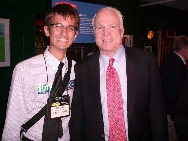 Images: Two photos side by side. One shows a younger Edgard with Sarah Palin, the other with John McCain.