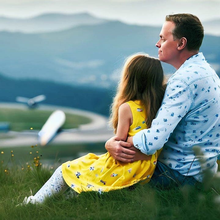 A series of AI-generated images of a ten year old girl sitting with her father on a grassy hill overlooking an airport. A is plane taking off; the girl is wearing a pretty dress printed with flowers; the father and daughter are hugging; in the style of a children's book cover.