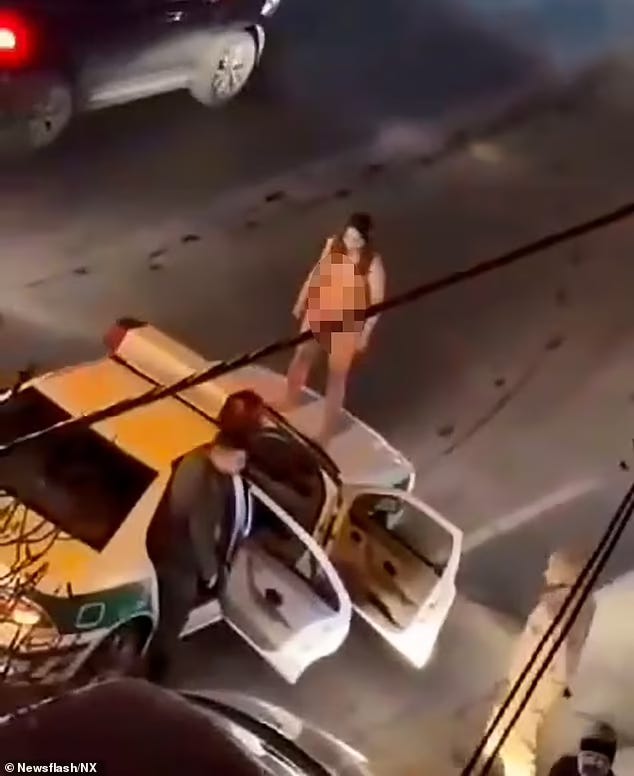 the first image depicts the young woman standing nude and blurred out on the hood of a police car, the second image shows her seated on the windshield