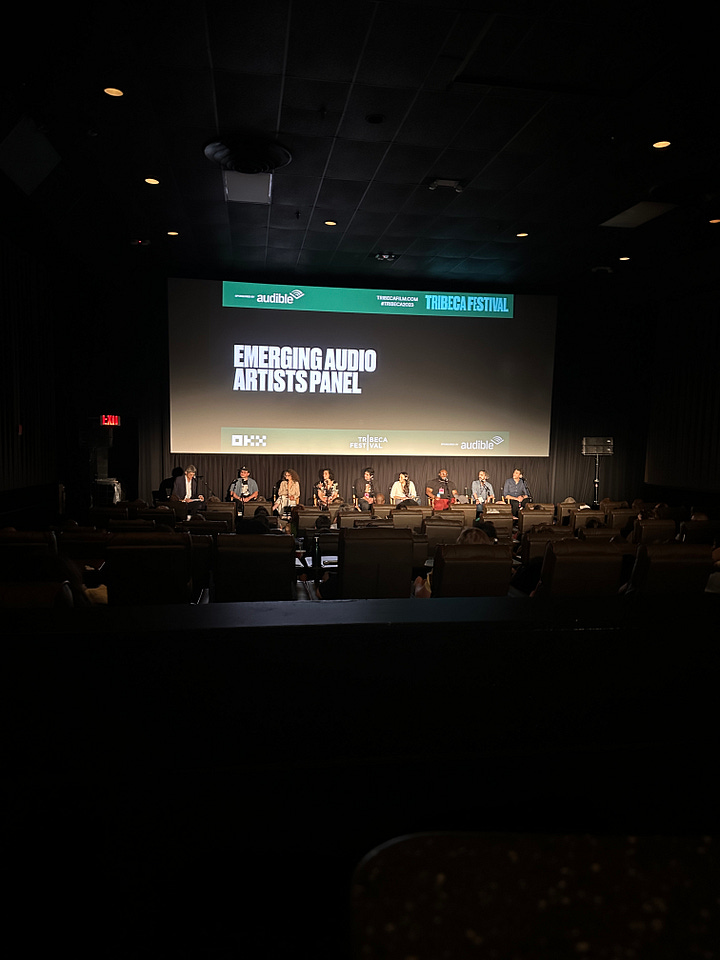 Two photos of different audio panels at Tribeca, taken from the back of a dark theatre