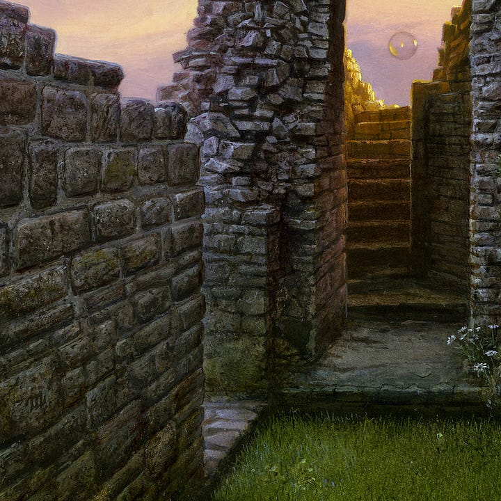 LEFT: Detail from PASSAGE TO THE SUN featuring the wall of a ruined abbey and the patch of grass leading to a rough stone doorway. RIGHT: Detail from PASSAGE TO THE SUN featuring a view through the rough stone doorway. A transparent sphere floats up stairs, the shiny surface reflecting golden light filtering through lavender skies.